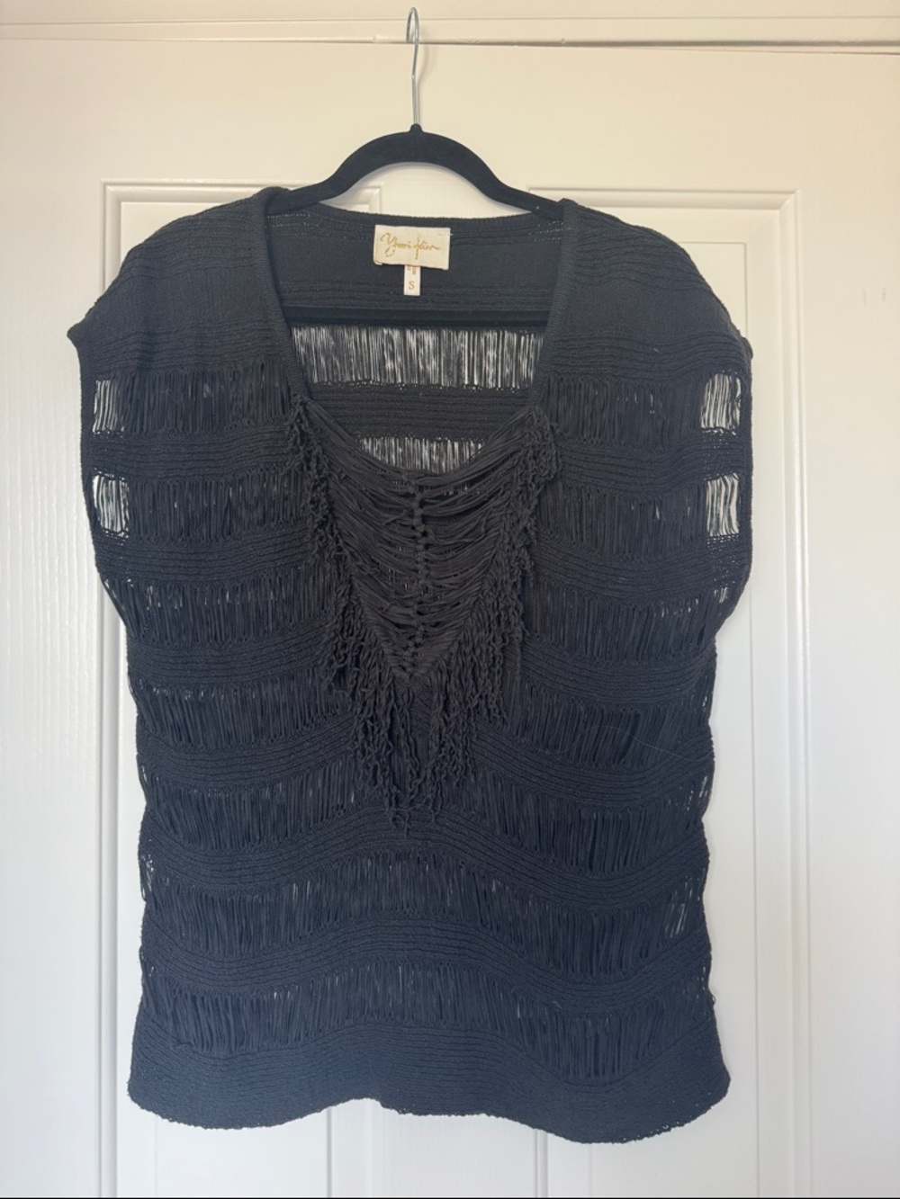 Yumi Kim Black Fringe Open-Knit Sweater